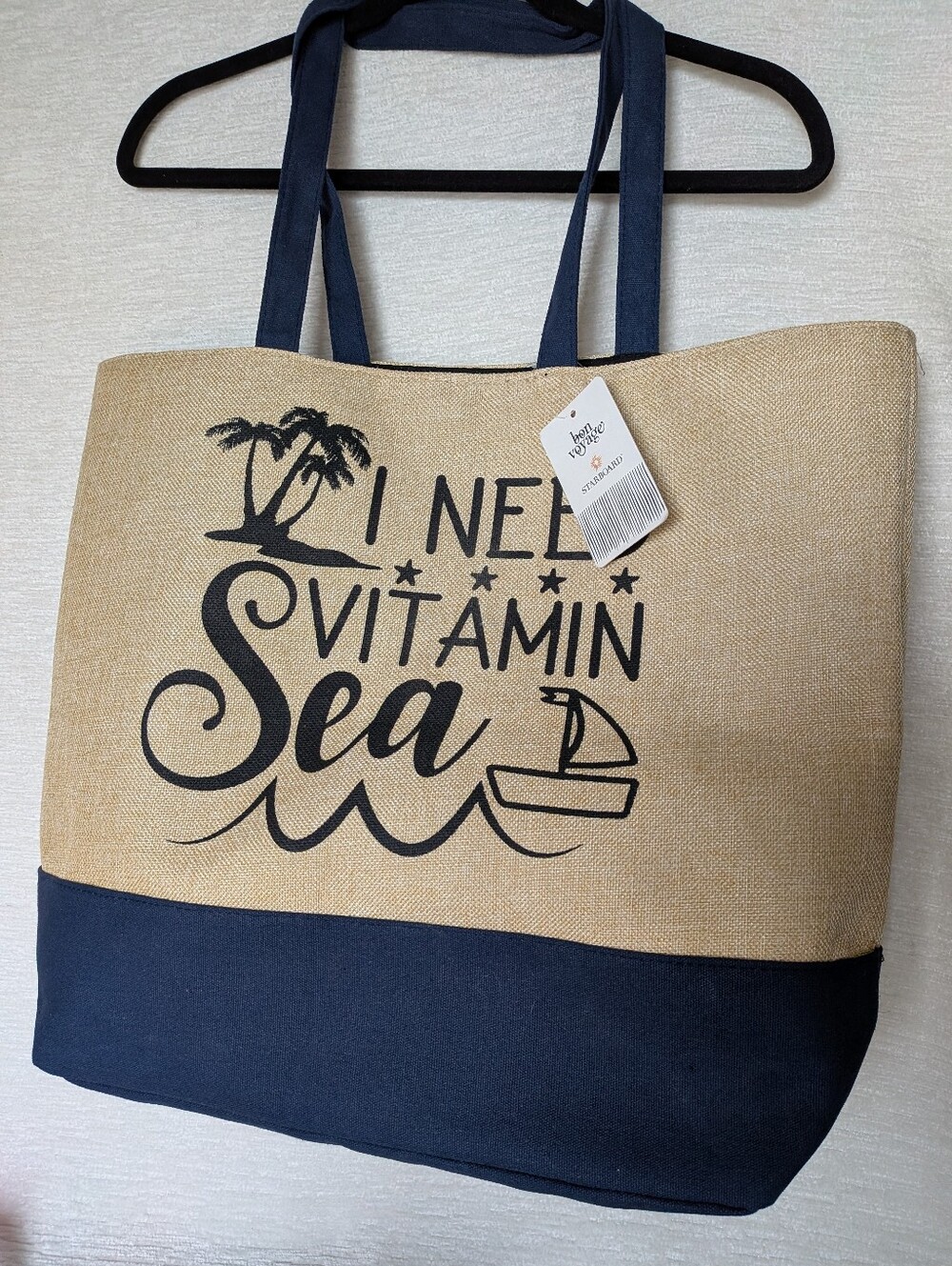 "I Need Vitamin Sea" Large Canvas Tote - Navy & Natural Vacation Ready NWT